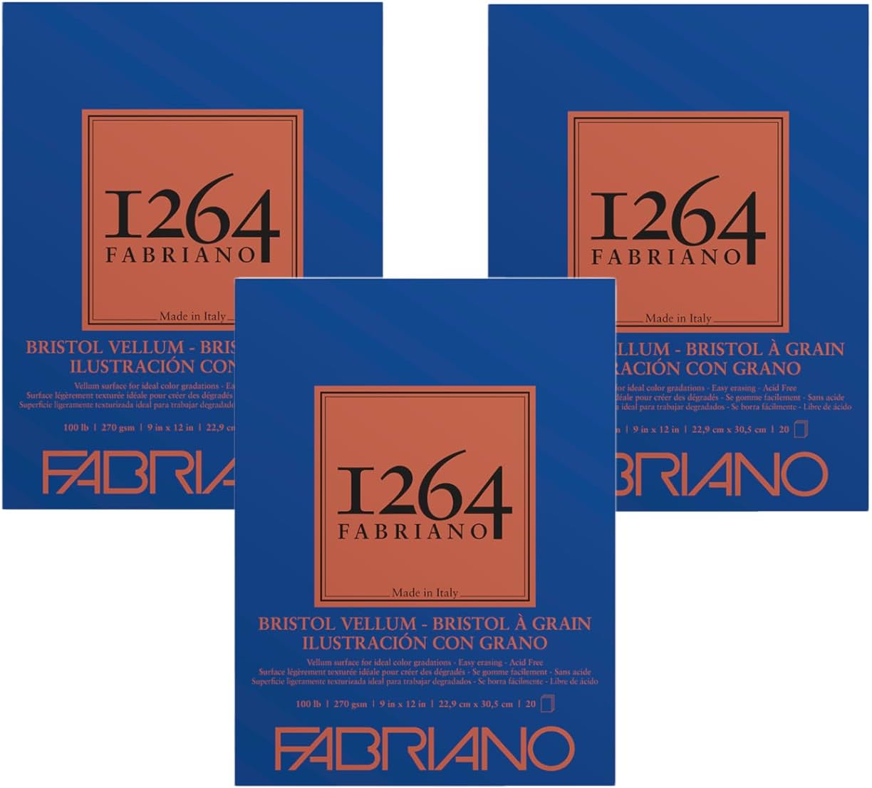 Fabriano 1264 Bristol Vellum Pad, 18" x 24", Glue Bound, 100 lb., 3-Pack