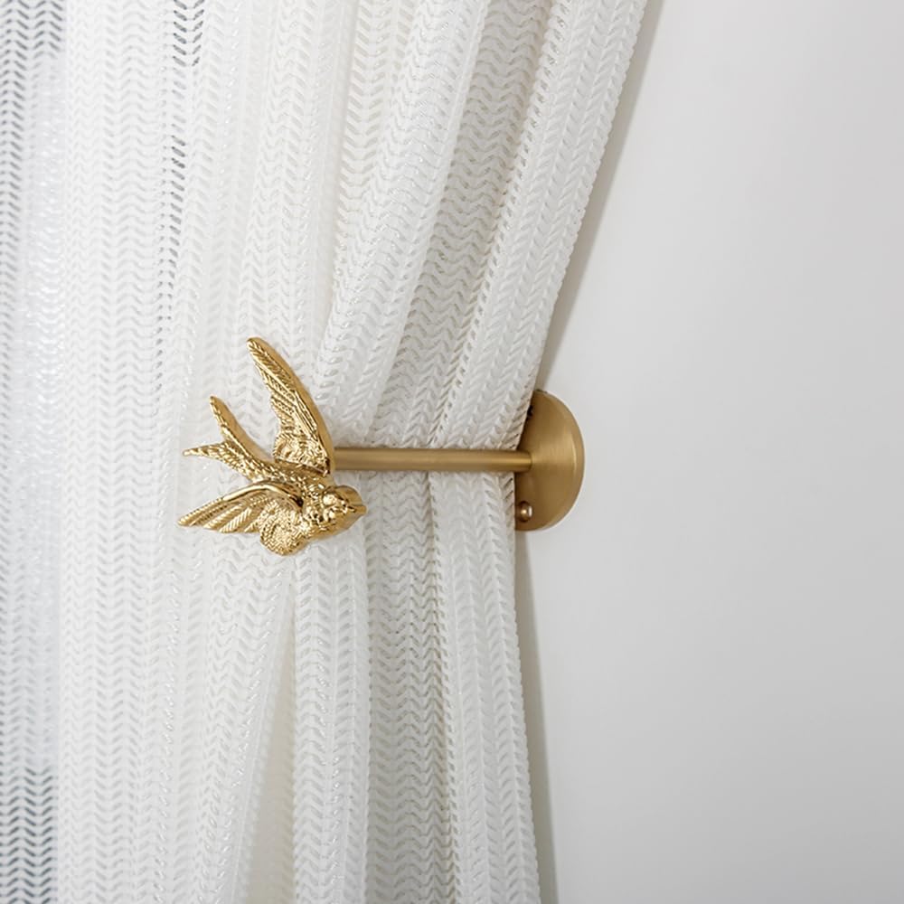 Brass Bird Animal Curtain Holdbacks,Brushed Gold Curtain Tiebacks, Wall Mounted Curtain Tiebacks Hook Decorative for Home Living Room Bathroom Dining Room (Set, Long-9.5cm)