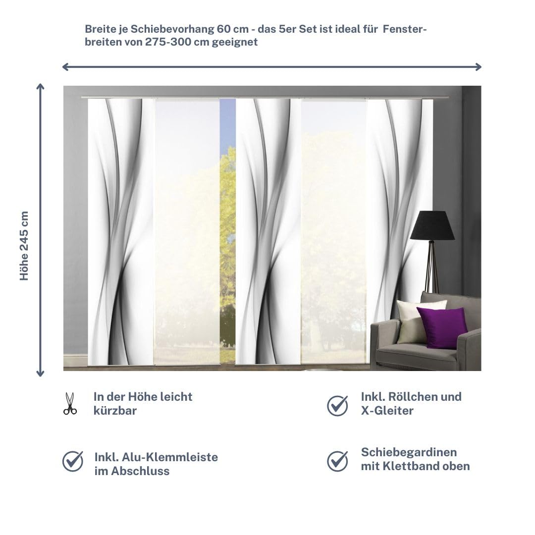 5er-Set Flächenvorhang, Deko Blickdicht, UFA, Höhe 245 cm, 3X Dessin /2X Uni transparent, Fb. grau/weiß