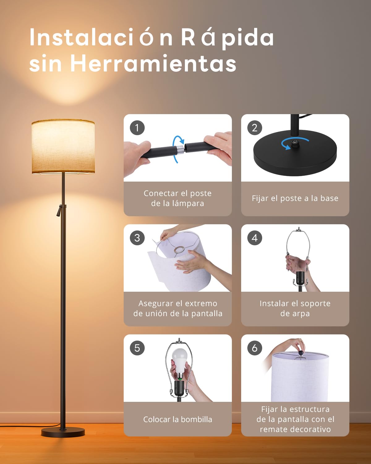 Lámpara de Pie LED Regulable en Altura, Pantalla Lino, Lámpara Telescópica 152-175cm, Mando Magnético, Luz RGB Regulable 1200lm 10W para Salón, Negro
