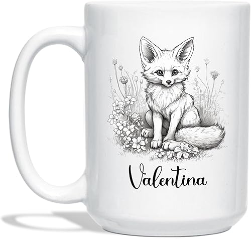 Taza de café personalizada con nombre del amante de los zorros, regalo para cumpleaños, taza de cerámica blanca personalizada con dibujo a lápiz de