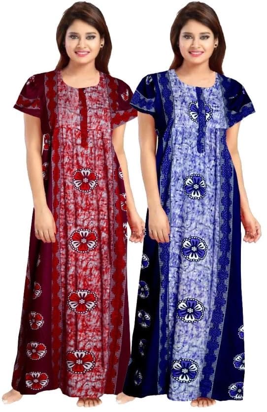 Tout ENESMLE Nighty for Women Cotton Printed Maxi Gown Ankle Length Nighty Night Dress Gown for Women Maxi - Free Size (Pack of 2)-picture-49