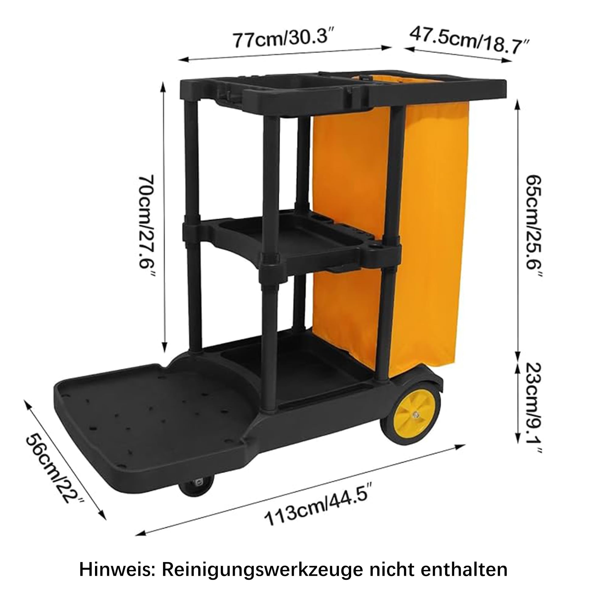 bimiti Profi Putzwagen Reinigungswagen mit extra groß Tasche, 113 x 56 x 93 cm, 3 Ebenen Reinigungswagen Putzwagen Haushaltswagen mit 4 Rollen, Große Kapazität 65 L Müllsack, Gelb + Schwarz