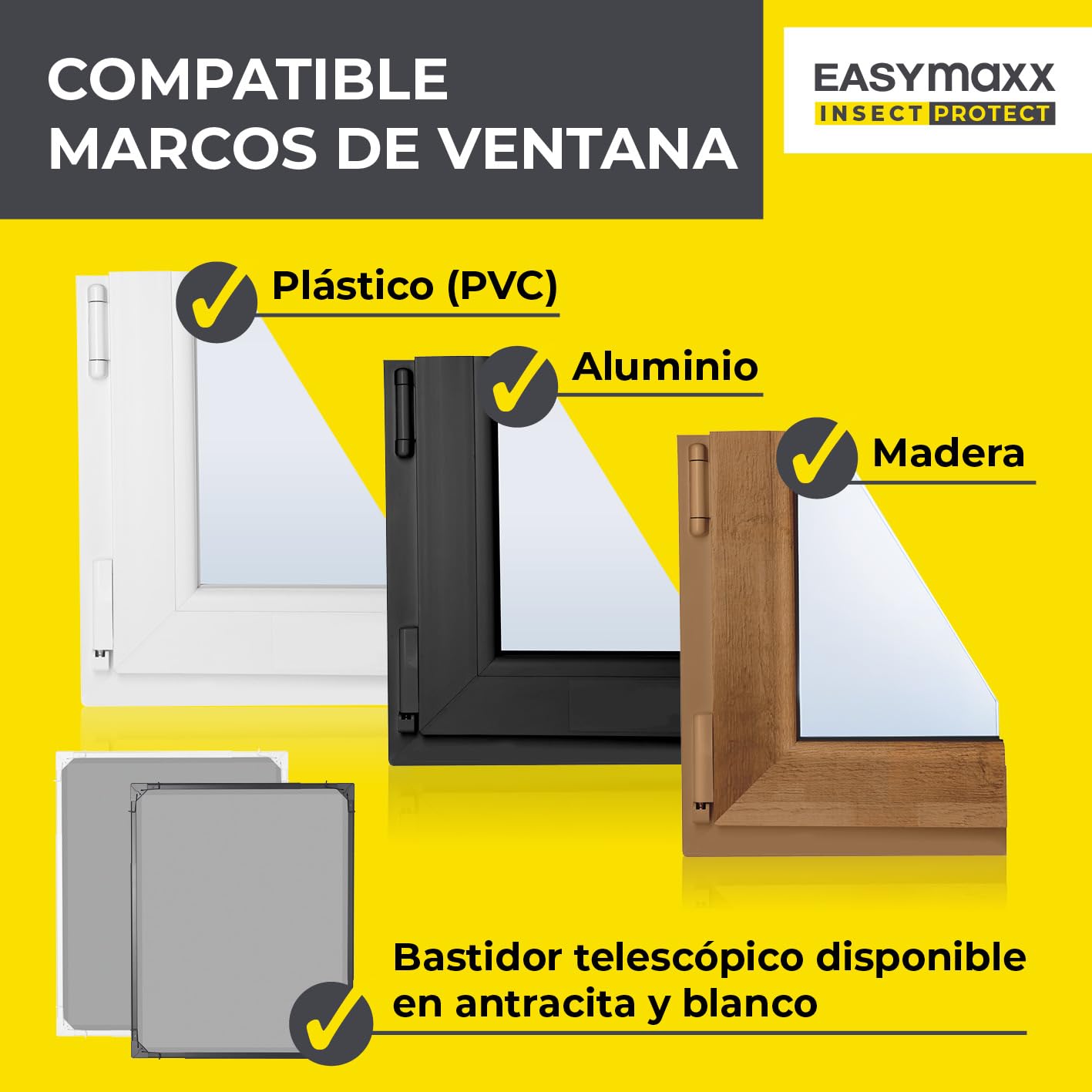EASYmaxx Insect Protect | Mosquitera telescópica | Para la ventana | Con marco premontado | Mosquitera extensible | Red integrada | Blanco | Set de 2