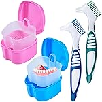 KISEER 2 Pack Denture Bath Case Cup Box Holder Storage Container with Denture Cleaner Brush Strainer Basket for Travel Cleaning (Light Blue and Pink)
