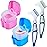 KISEER 2 Pack Denture Bath Case Cup Box Holder Storage Container with Denture Cleaner Brush Strainer Basket for Travel Cleaning (Light Blue and Pink)