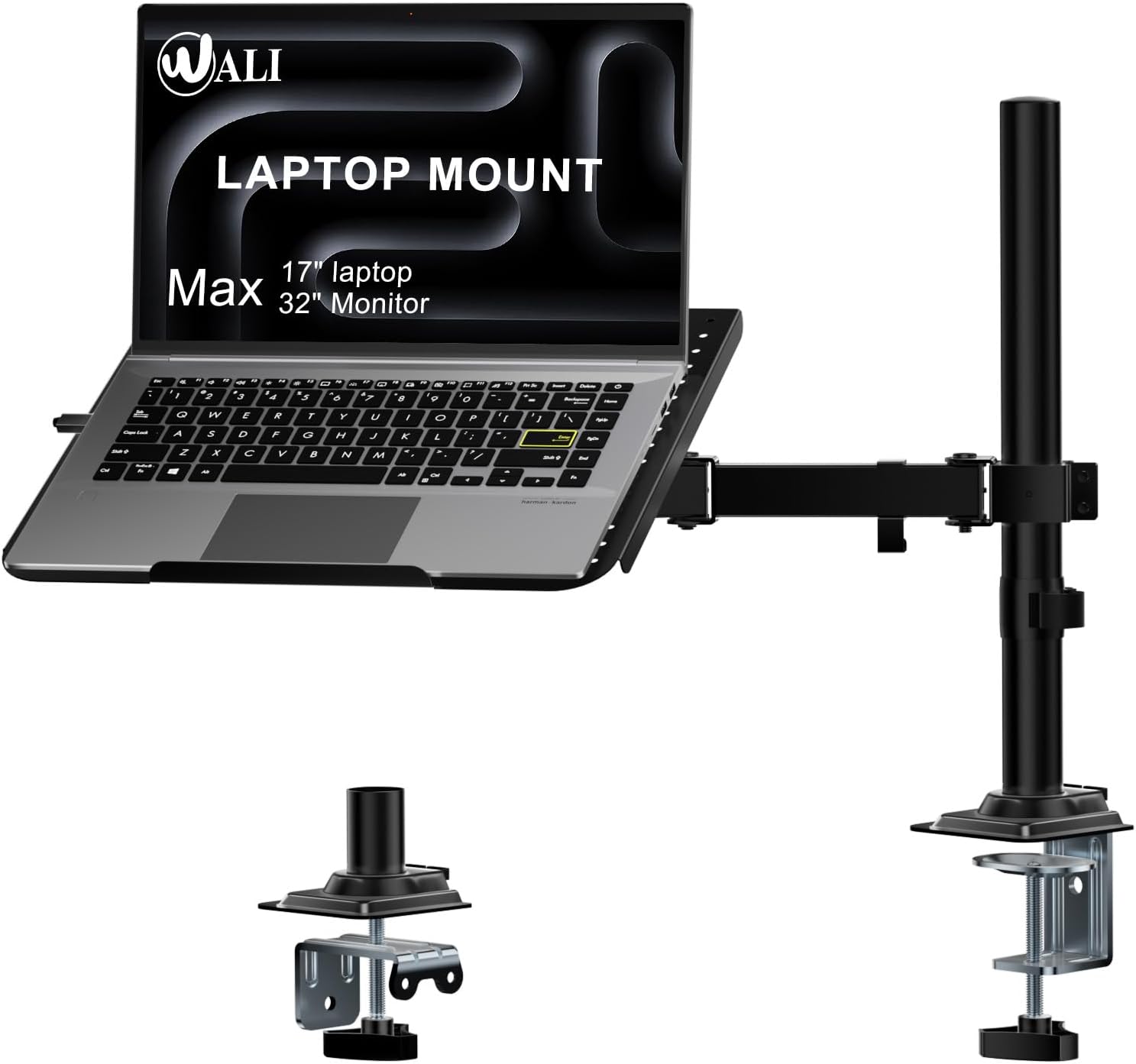 WALI Laptop Desk Mount with Tray, Fully Adjustable Laptop Arm up to 17 Inch and 32 inch Monitor Screen, Laptops Mount with Vented Cooling, Up to 10 kg, (M00LP), Black