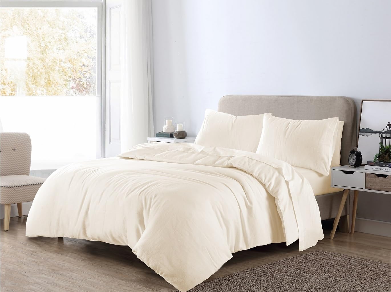 Thermal Flannelette Duvet Quilt Cover Bedding Set with Matching Pillowcase 100% Brushed Cotton Quilt Covers for Single, Double, King, Super King Bed Size Duvet Cover (Cream, King)