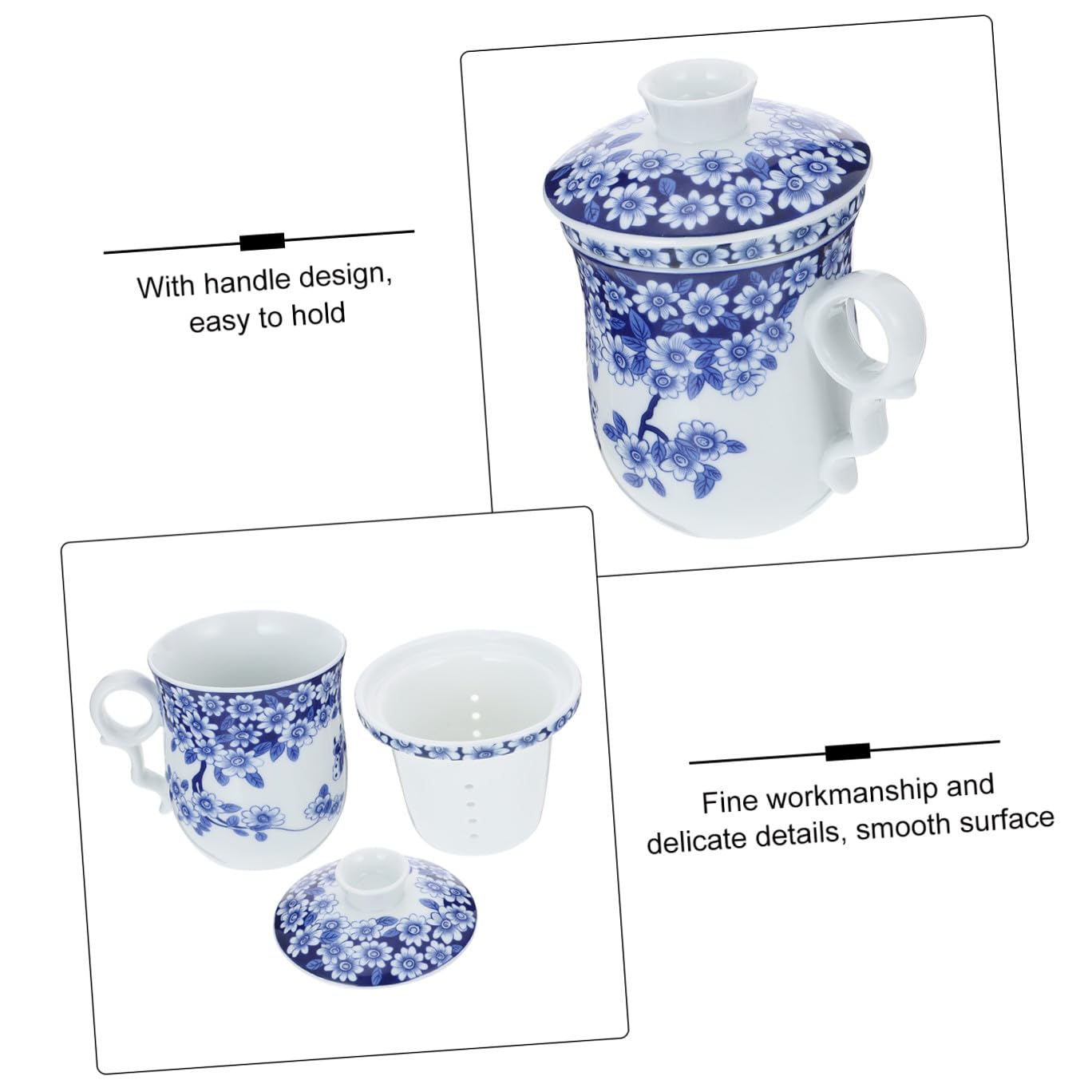 Tasse à Thé en Porcelaine Chinoise Bleue 1 Pièce en Céramique | Couvercle Filtrant Inclus, Surface Lisse, Poignée Anti-brûlure, Usage Bureau