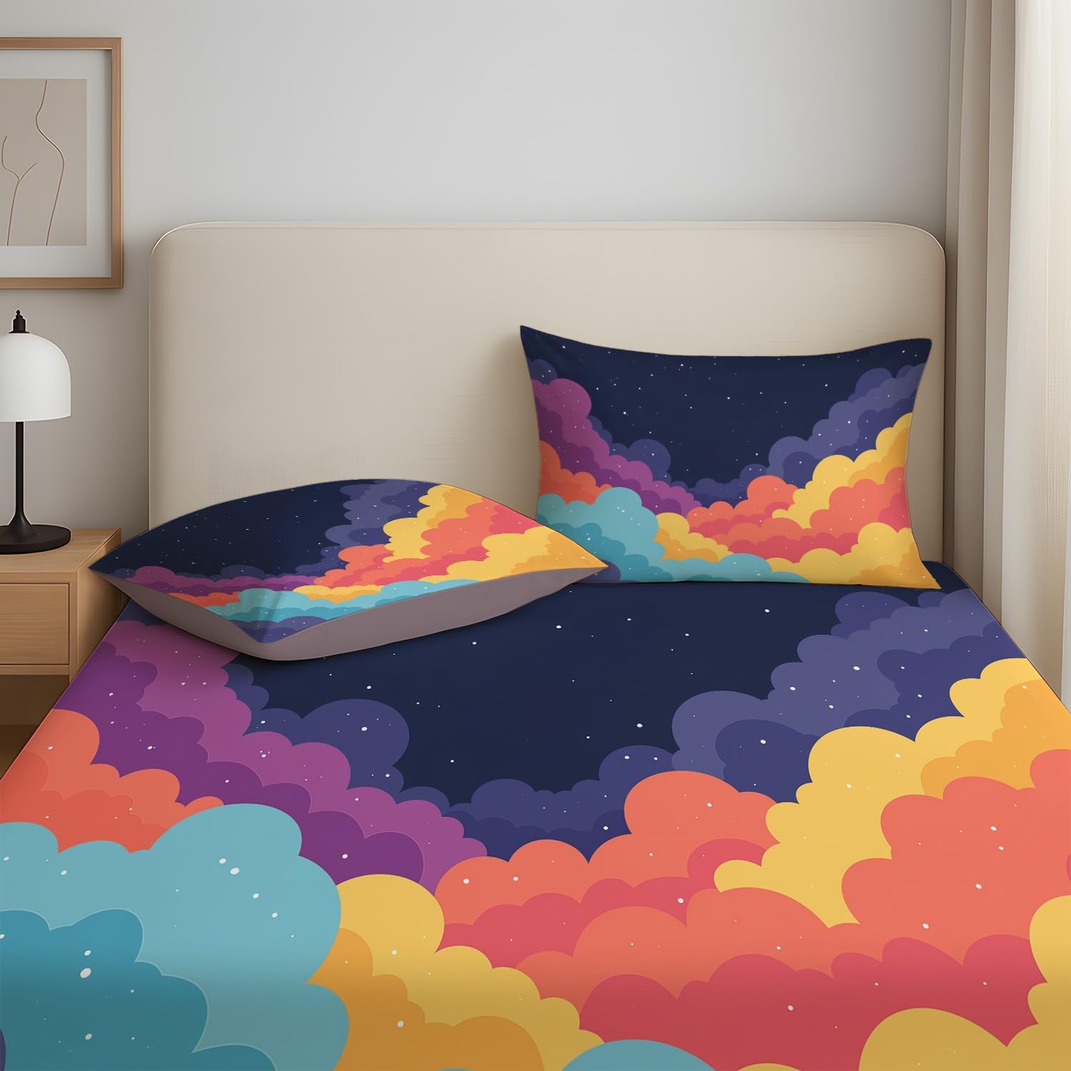 Traumhaft Weltraum Spannbettlaken 140 x 200 x 30 cm 3teilig Märchen Bunt Wolke Spannbetttuch Set für Kinder Jugendliche Erwachsene weich Mikrofaser Bettwäsche Dekor