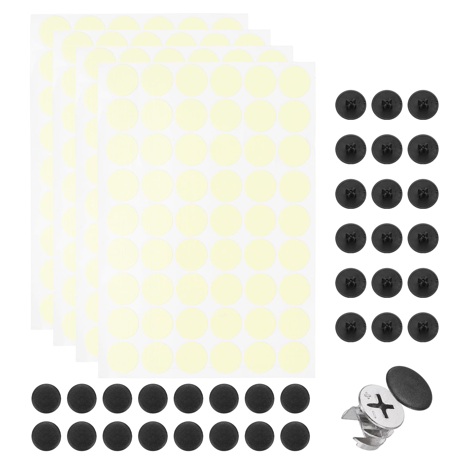 sourcing map 216Pcs Screw Hole Stickers and 200Pcs Screw Cover Caps, 16.5x6mm Dustproof Plastic Screws Hole Covers Phillips Caps Cam Lock Nuts for Furniture Cabinet Wardrobe, Black