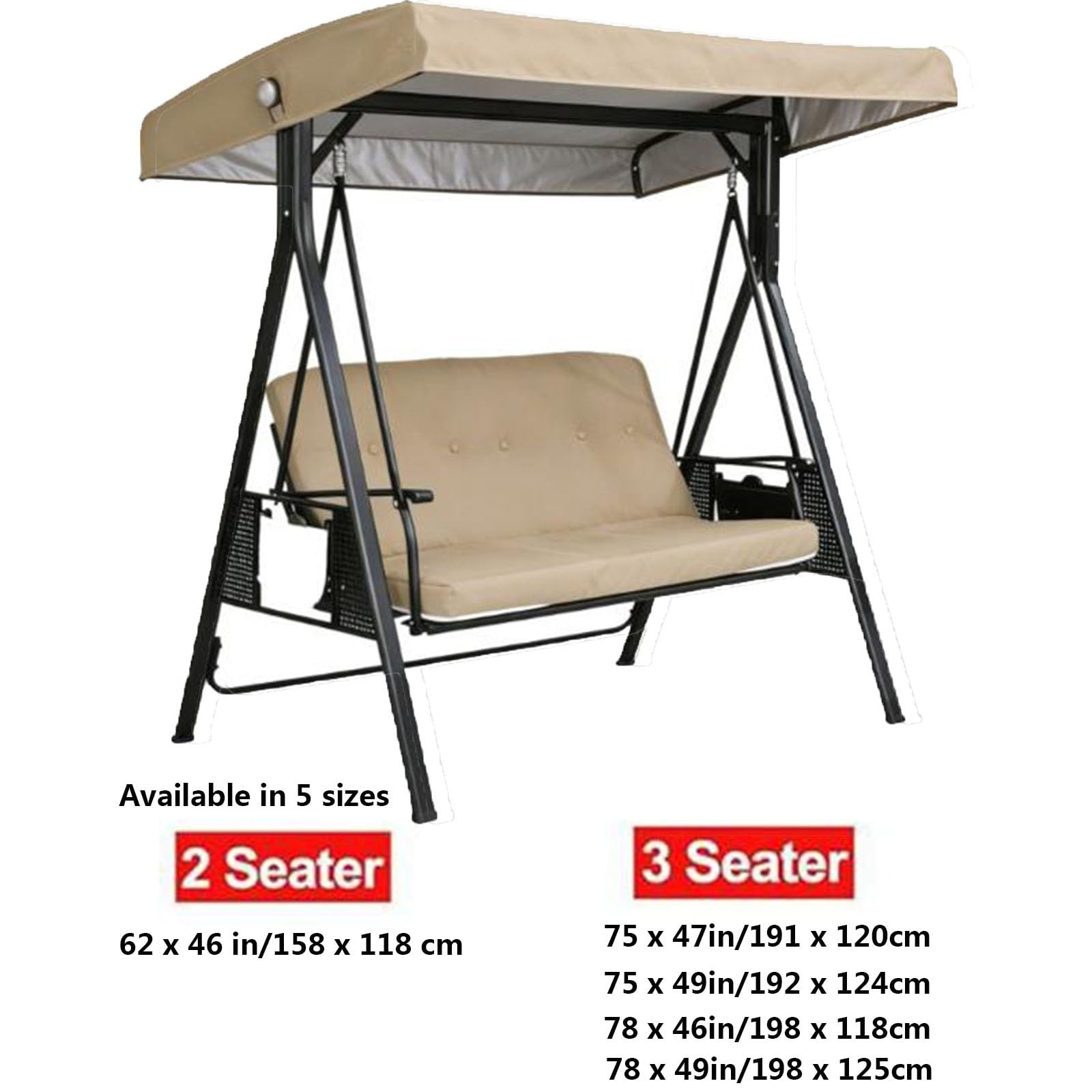 Techo de Repuesto para balancín de jardín, Cubierta de Hamaca al Aire Libre, Tela de poliéster Impermeable para 2 sillas de 3 plazas(Khaki,78 x 46in/198 x118cm)