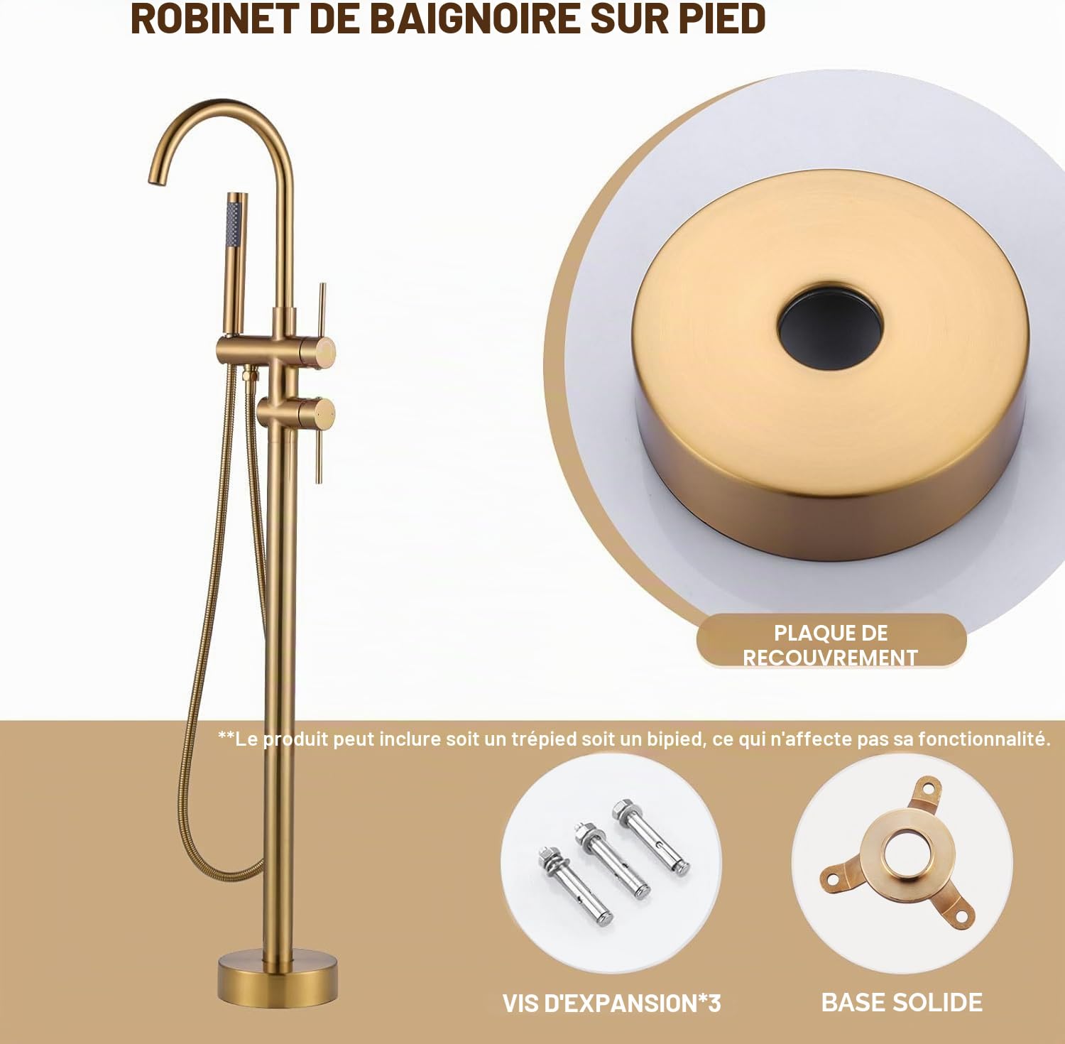 ARCORA Robinet de Baignoire sur Pied, Robinet de Bain avec Douchette et Tuyaux, Bec Pivotant À 360°, Mitigeur Cartouche en Céramique, Douche à Double Mode, pour Baignoires d'Hôtel ou Domestiques, Or