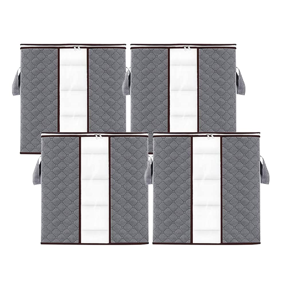 JHMIH 4 Pcs Storage Bags, Large Capacity Foldable Clothes Storage Bag Organizer with Zips Reinforced Handles&Clear Window, Underbed Storage Thick Fabric Moistureproof for Clothes, Bedding Gray