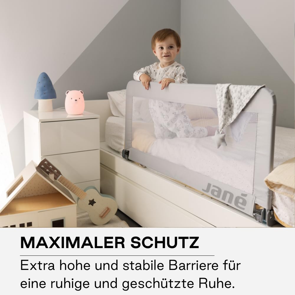 Jané Klappbares Kinderbettgitter 140 cm, Extra Hoch, Atmungsaktiv, inkl. Transporttasche, Grau