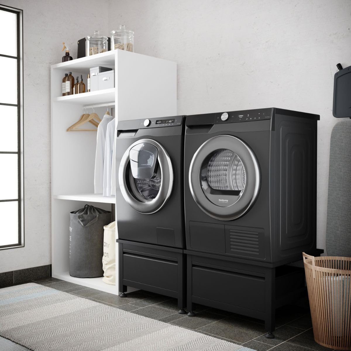 Lavadora elevadora con cajón - Muebles de montaje de lavadora doble - Pedestal de la lavadora - 42cm de alto - Negro - Universal - 65 * 60.5 (LxB) - Soportes de pared incluidos