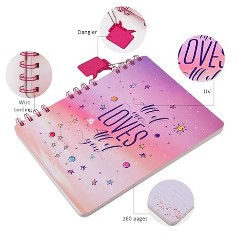 DOODLE B5 Hardbound Spiral Notebook Diary – 160 Undated Ruled Pages, 80 GSM Acid-Free Paper | Bookmark Dangler & 100+ Stickers | Opens Flat for Easy Writing | Love Diary for Girls – Forever Mine - Image 4