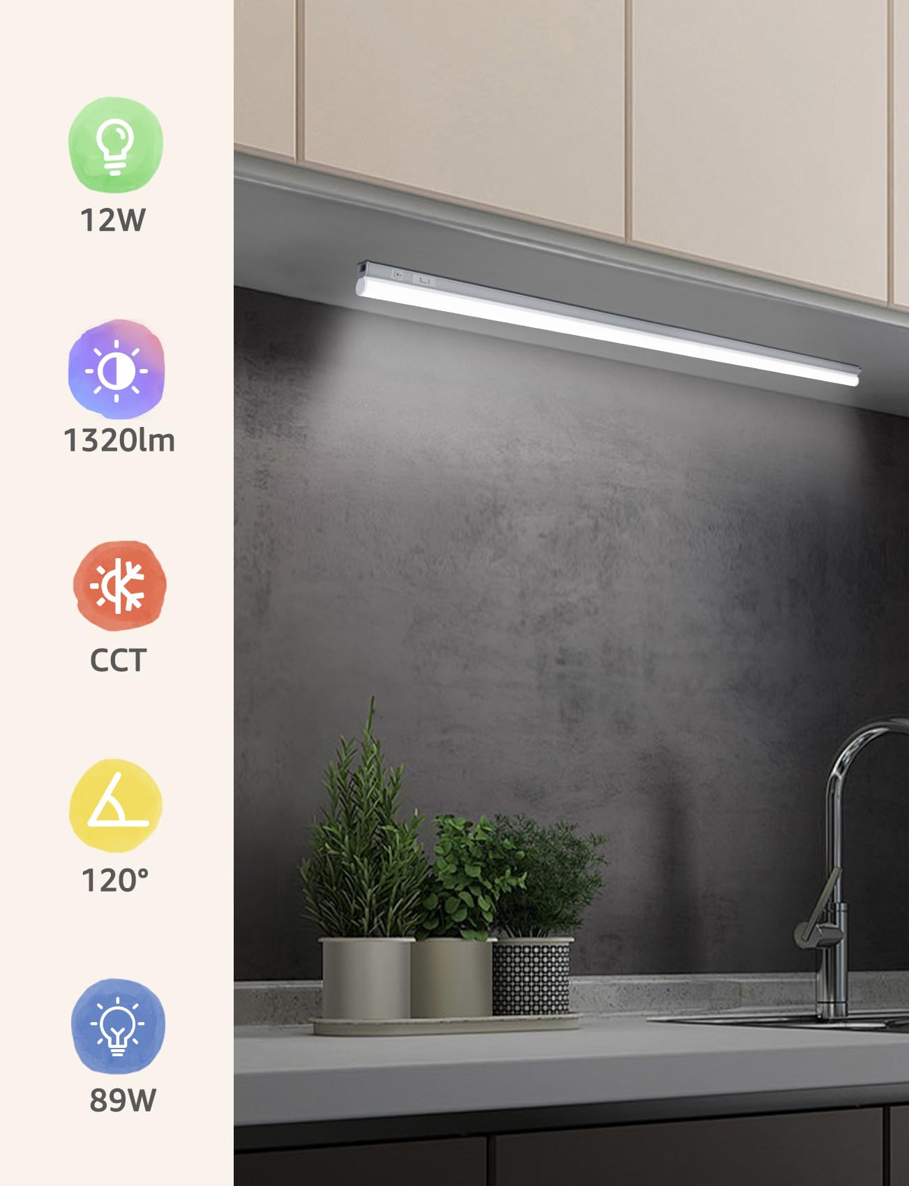 Aigostar Luz LED Cocina con Interruptor 12W Luces Armarios, 3000K/4000K/6500K, 230V Regleta LED Bajo Armarios para Cocina, Vestidor, Armario 880 * 34 * 23mm, 2 pcs