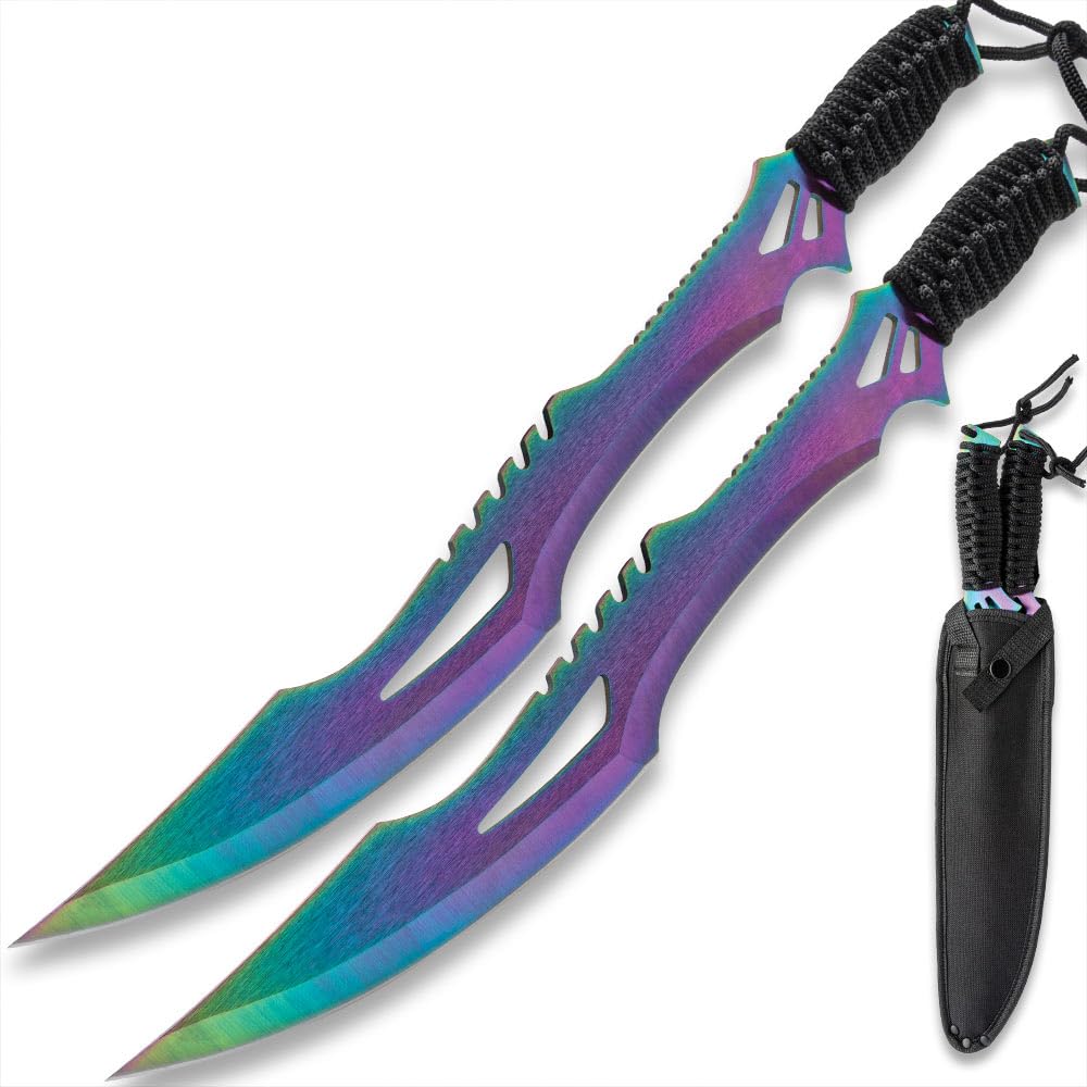 Titanium Guardian Twin Machete Set With Sheath | 11” Stainless Steel Blades | Titanium and Black Finish | Paracord Wrapped Handles | Includes Nylon Sheath with Adjustable Strap | 17 1/2” Overall