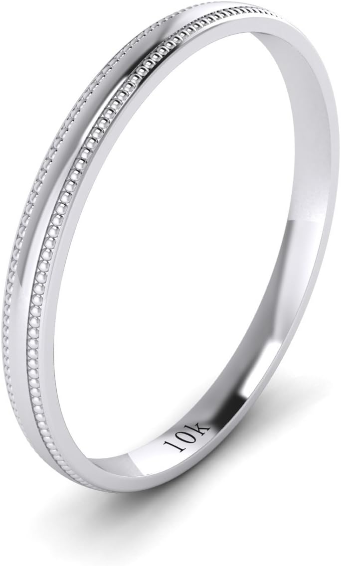 LANDA JEWEL Solid 10k White Rose Yellow Gold 2mm Light Court Shape Comfort Fit Polished Wedding Ring Milgrain Band