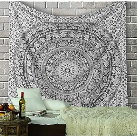 RAJRANG Elephant Mandala Tapestry Cotton Wall Hanging Hippy Tapestries Hippie Beach Throw College Dorm Decor Bohemian Boho Bedsheet - Grey - King 90x108 Inches Cover