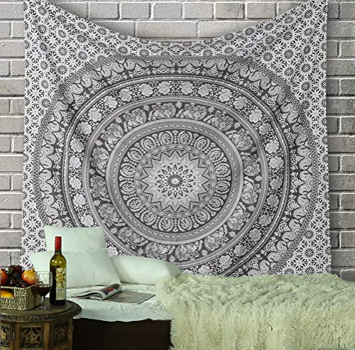RAJRANG Mandala Wandteppich Elefant Boho Tapestry, Schwarz Weiß Baumwolle, 228x274 cm