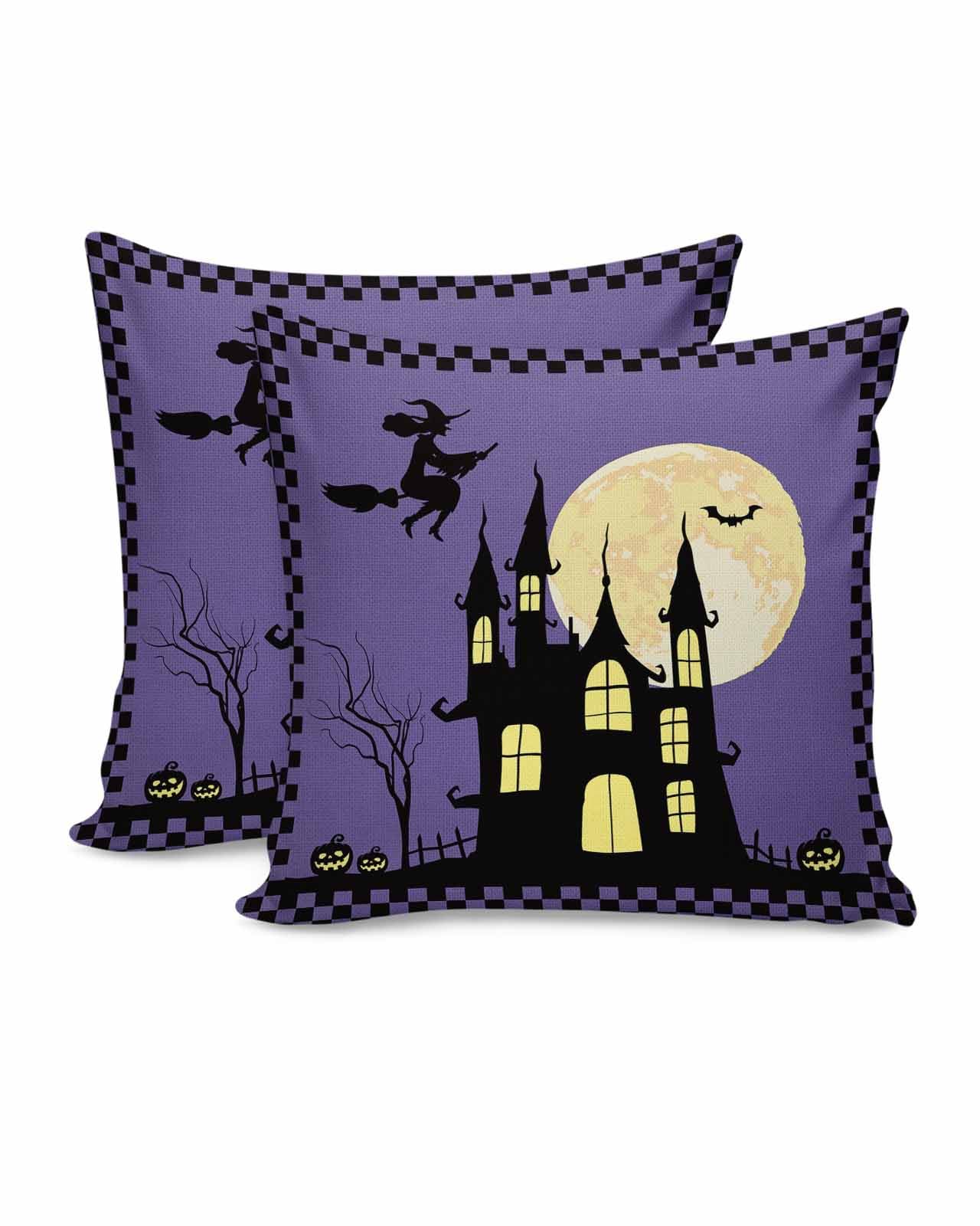 Halloween Pillow Covers 16x16 Inch, Castle Witch Decorative Throw Pillow Covers Set of 2 Cushion Cover for Bed Couch Sofa Patio Chairs Plaid Purple Black Bat Square Pillowcase