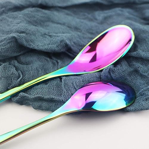 Miniatura 4 de JASHII Juego de cubiertos modernos de 20 piezas, acero inoxidable arcoíris con borde cuadrado, servicio para 4, pulido espejo y apto para