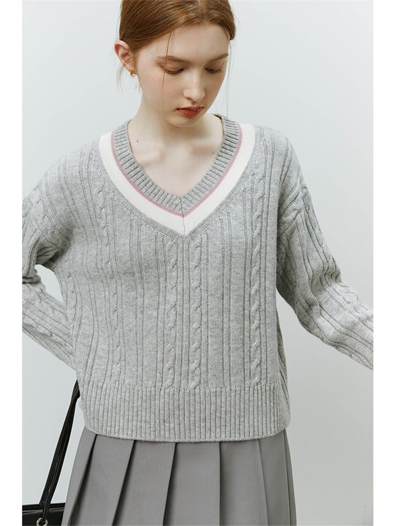 Damski solidny dekolt w serek długi sweter luźny gruby sweter na co dzień vintage sweter
