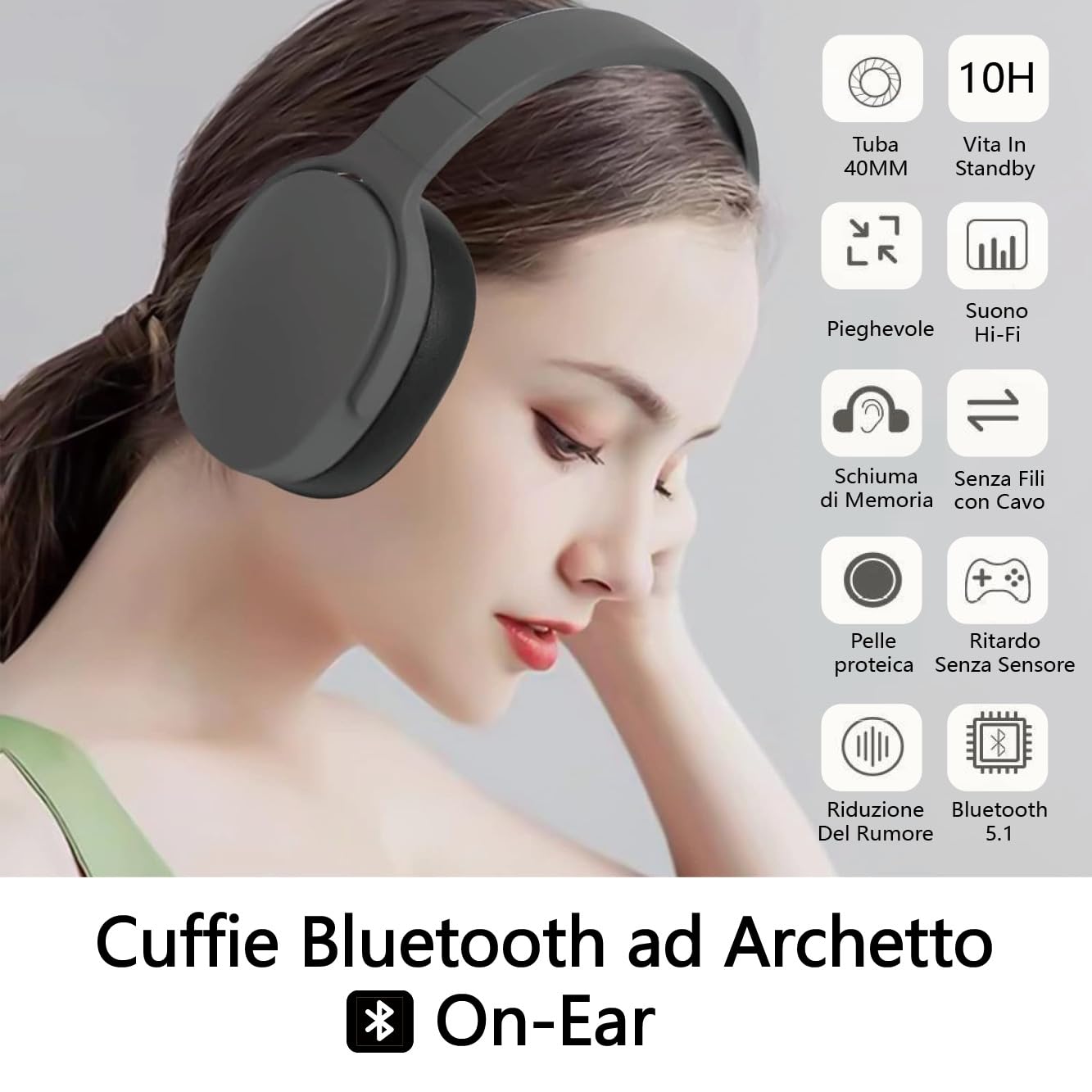 AndThere Cuffie Bluetooth Over-Ear Con Noise Cancelling – Suono Hi-Fi, Pieghevoli, 10 Ore Di Autonomia E Microfono Integrato - 2