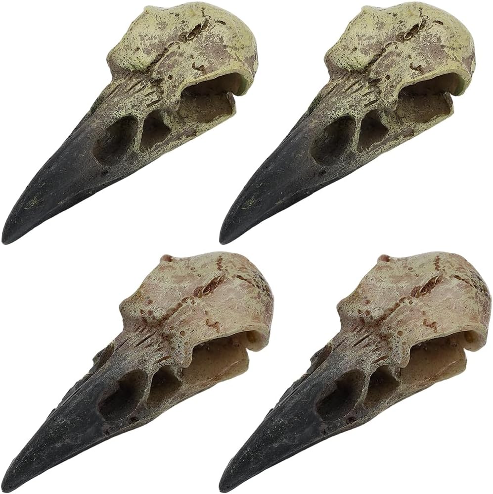 4Pcs 2 Styles Raven Skull Decor Gothic Skull Figurines Dark Sea Green Vintage Raven Crow Bird Head Skull Bone Resin Figure Statues Ornaments for Halloween Home Office Outdoor Desk DIY Decor