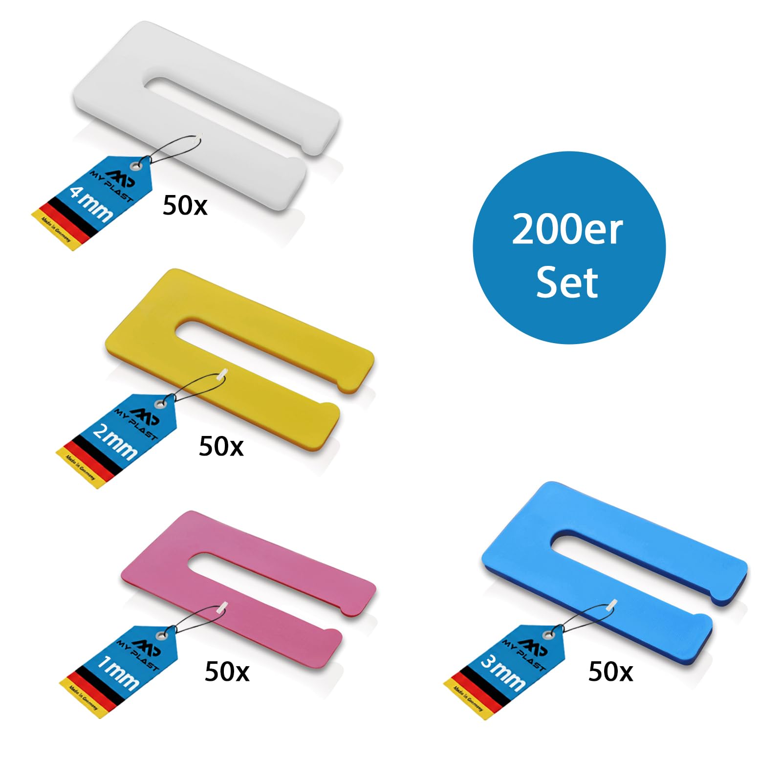My Plast Distanzstücke – Unterlegeplättchen aus Kunststoff. variable Ausgleichsplättchen. 57 x 29 x 1. 2. 3. 4 mm. 4 x 50 Stück