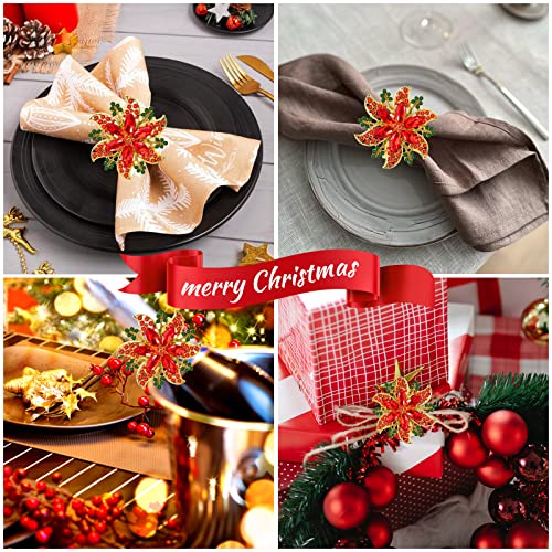 Image of Legigo Set of 8 Christmas Flower Napkin Rings Set for Dinning Table Setting- Red Rhinestone Xmas Winter Napkin Ring Holders for Cloth Napkins, Christmas Holiday Party Dinner Table Decoration