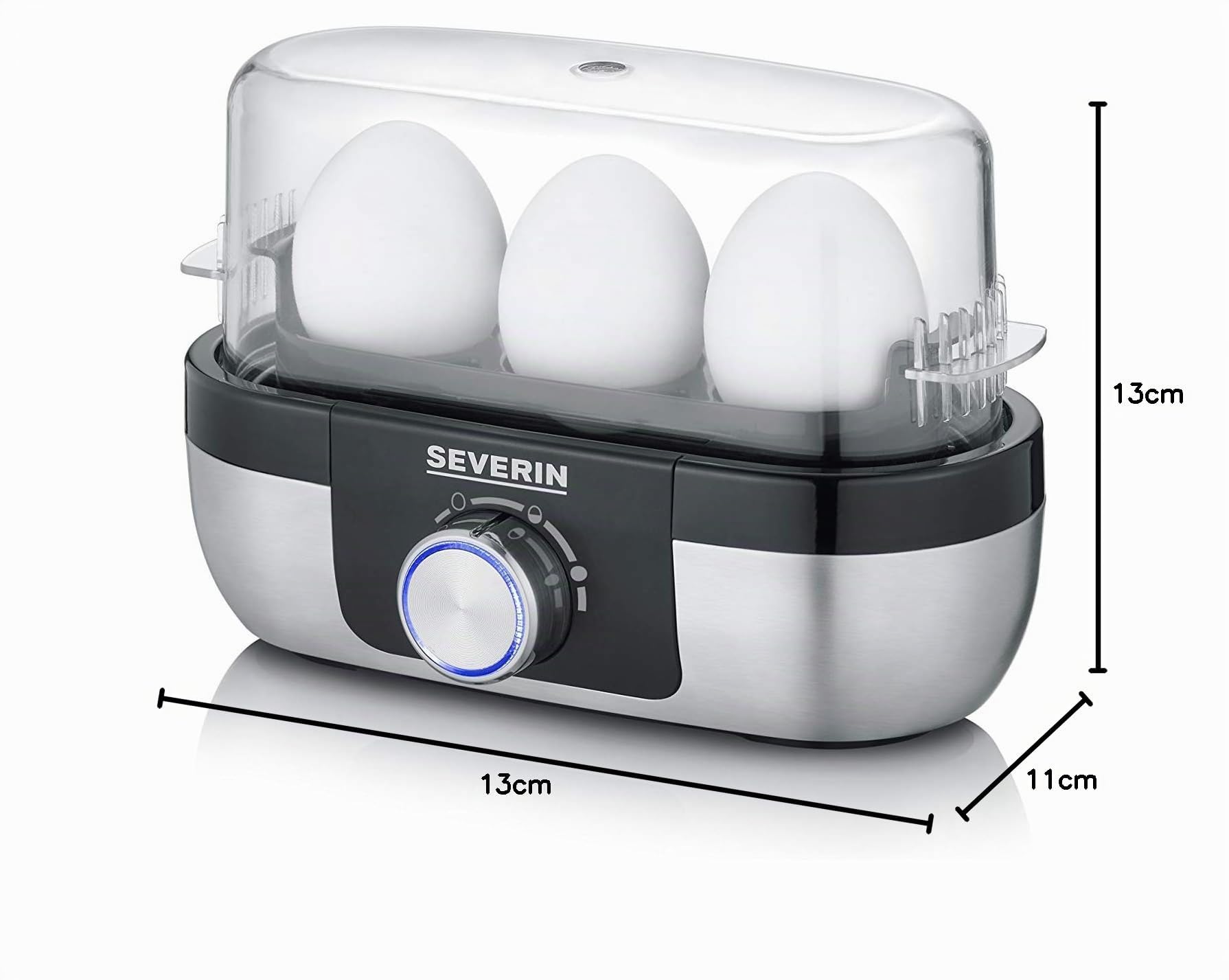 SEVERIN Cuiseur à œufs 270 W, Appareil de cuisson pour 1 à 3 œufs, Doseur d'Eau et Perce-Œufs Inclus, Cuit-œufs avec contrôle électronique du temps de cuisson, Inox, EK 3163