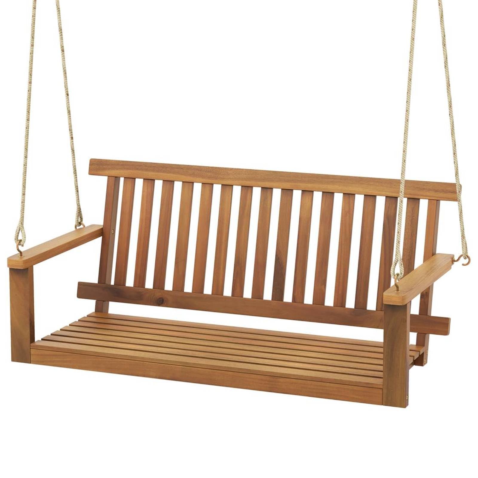 SFAREST 2-Person Swing Bench, Outdoor Solid Acacia Wood Swing Chair with Armrest, Backrest & Slatted Seat, Patio Hanging Swing Loveseat for Porch Balcony Yard, 360kg Capacity