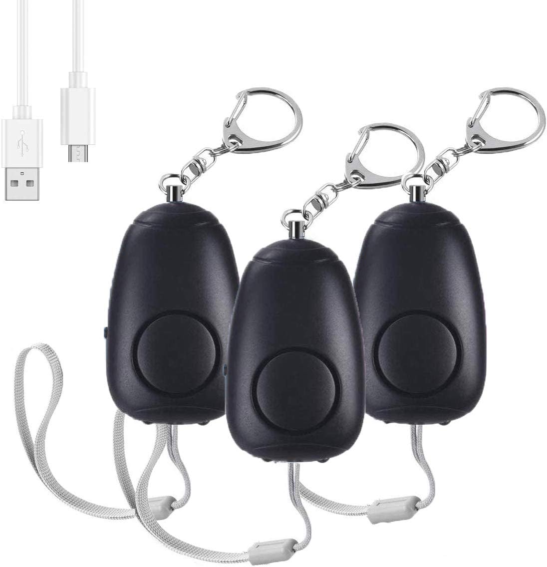 (Upgraded New Version) Safe Sound Personal Alarm, Rechargeable Emergency 130db Security Alarm Keychain Siren Song with 2 LED Lights, for Women, Men, Children, Elderly (3 Pack), Black