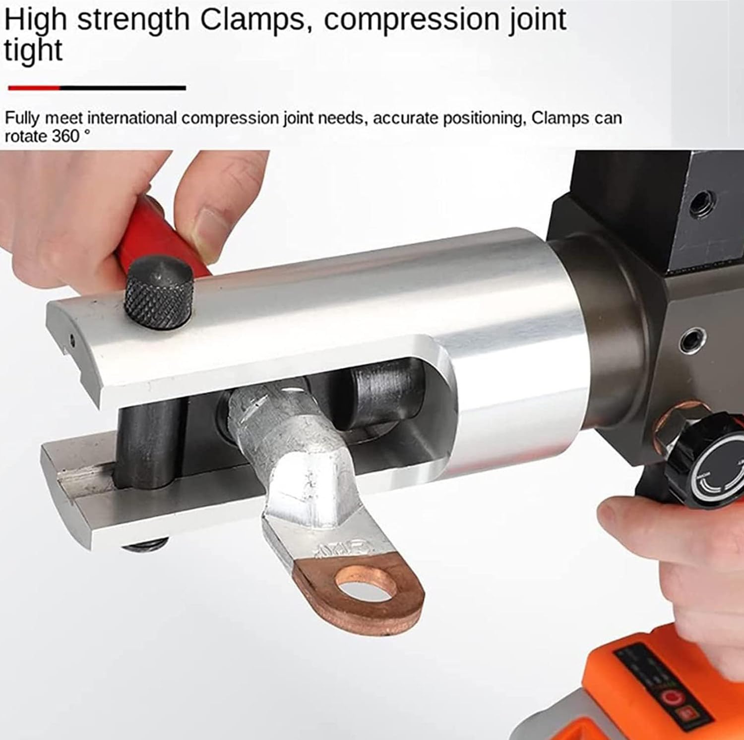 Pinza crimpatrice idraulica elettrica, alimentata a batteria, 16-300 mm², ricaricabile con morsetti rotanti a 360°, coppia 380 Nm, ideale per applicazioni di crimpatura dei cavi