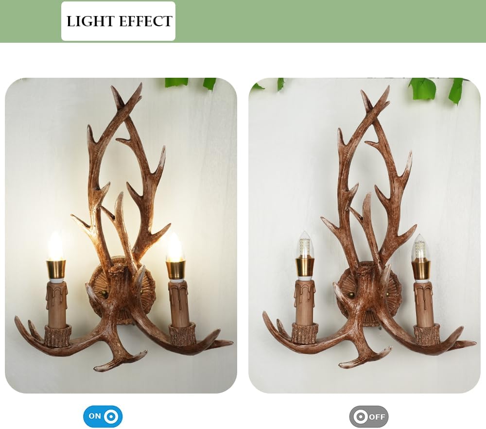Antler Wall Sconce, Vintage Farmhouse Candle Wall Light, 2 Lights Art Deco Wall Lamp for Bedroom Hallway