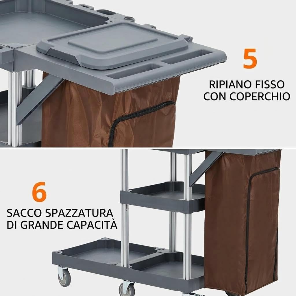 con Carrello pulizie professionale commerciale ruote robuste, sacco in vinile capiente, armadietti integrati, portata fino a 136 kg, ideal para hotel, oficinas y ambientes públicos
