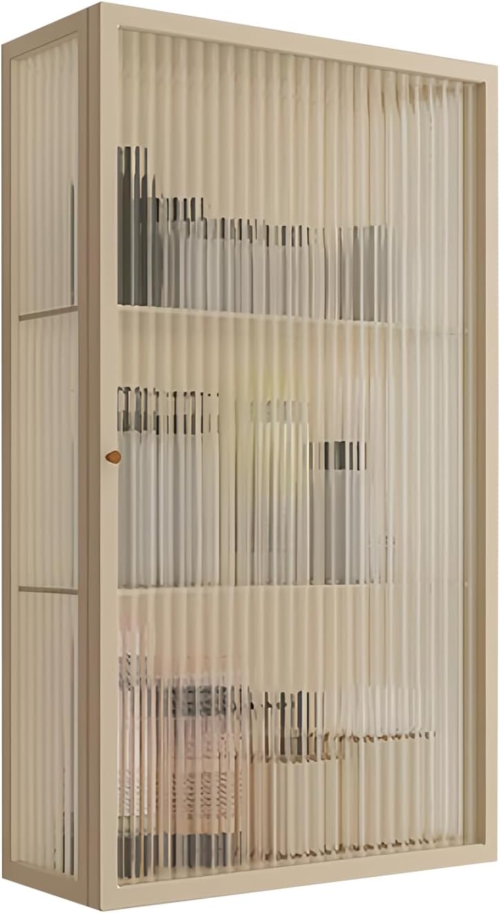 Bathroom Wall Cabinet 14 Inch Over The Toilet Metal Storage Cabinet with Glass Door, Wall Mounted Medicine Cabinet for Bathroom Laundry Room Bedroom (Beige, 23.6x13.8x6IN)