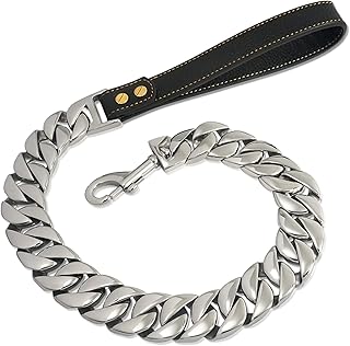 Chain Dog Leash Metal Chew Proof 32MM Heavy Duty Durable Stainless Steel 18k Plated Pet Leash Chain with Leather Padded Handle for Large Medium Dogs