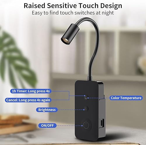 Miniatura 5 de Luz de lectura de montaje en pared, luz enfocada para leer en la cama con control táctil elevado, lámpara de lectura recargable con cuello de cisne