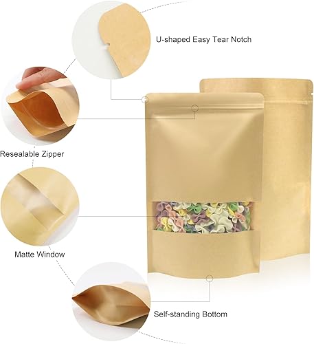 Miniatura 3 de SumDirect Bolsas de comida Kraft con ventana  Bolsas resellables de papel kraft de pie, paquete de 50 bolsas de almacenamiento de alimentos con