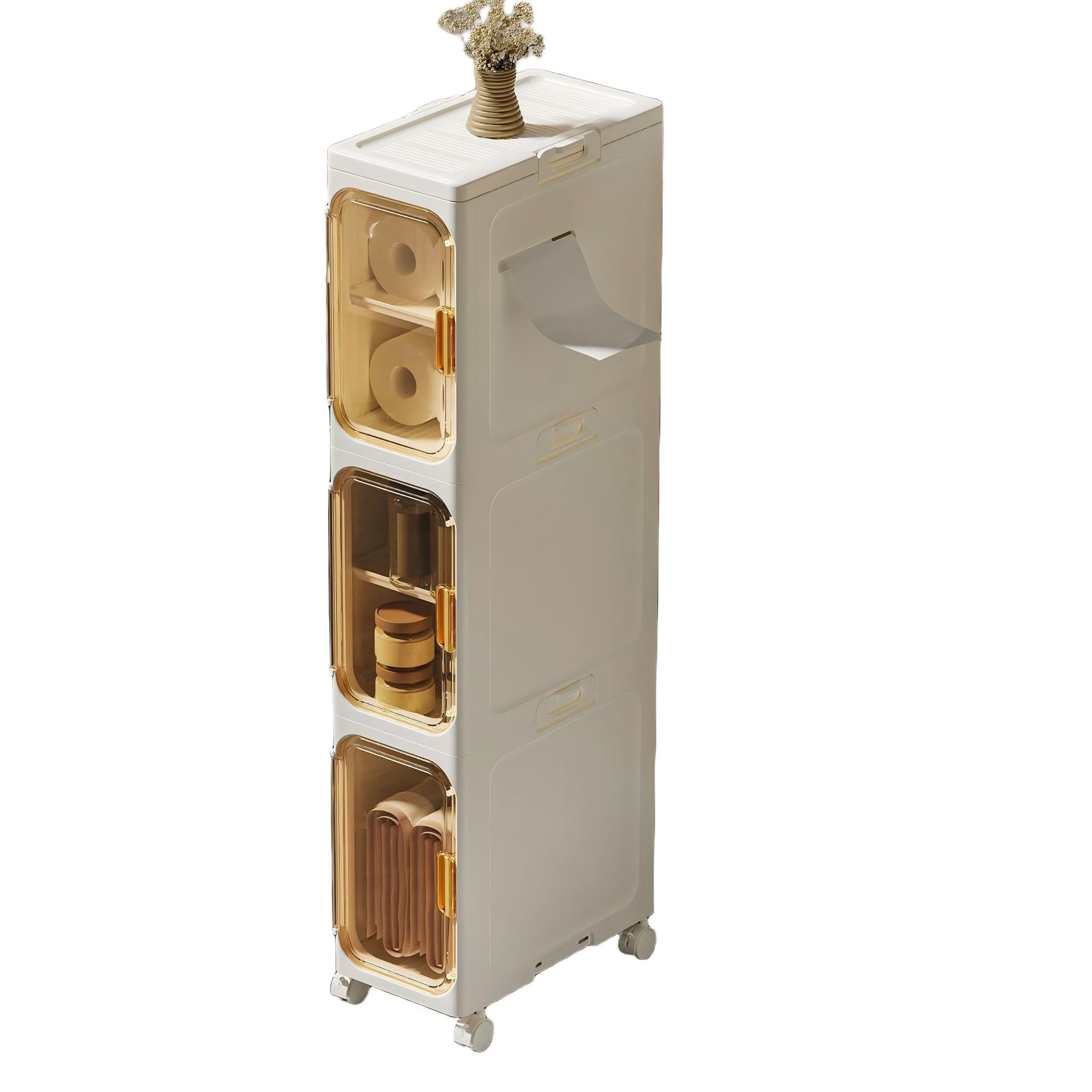 LSLANSOON Slim Bathroom Storage Cabinet, Foldable & Movable Narrow Storage Organizer for Small Spaces, Bathroom, Kitchen, Laundry Room, Living Room (3-Tier)