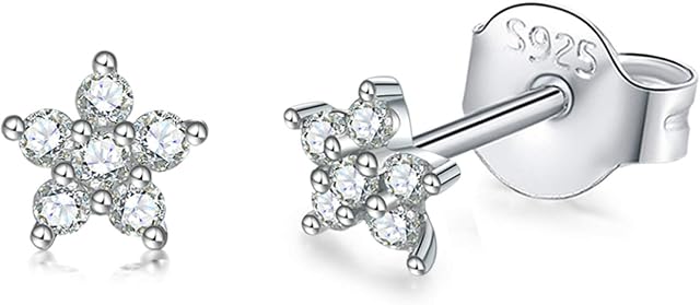 Silver Stud Earrings for Women Girls, Tiny Flower Stud Earrings Small 925 Sterling Silver Hypoallergenic Cubic Zirconia Helix Cartilage Earrings Piercing Sleeper Studs, 3mm/4mm/5mm