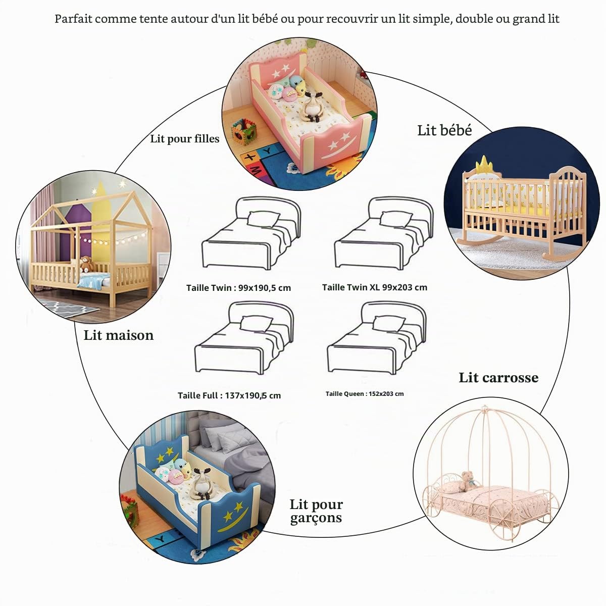 Ciel de lit avec lumières pour Filles, Rideaux de Berceau Princesse étoile dorée, moustiquaire Extra Large, auvent de Lecture pour Enfants, garçons, lit jumeau, Grand lit, Tissu Ignifuge