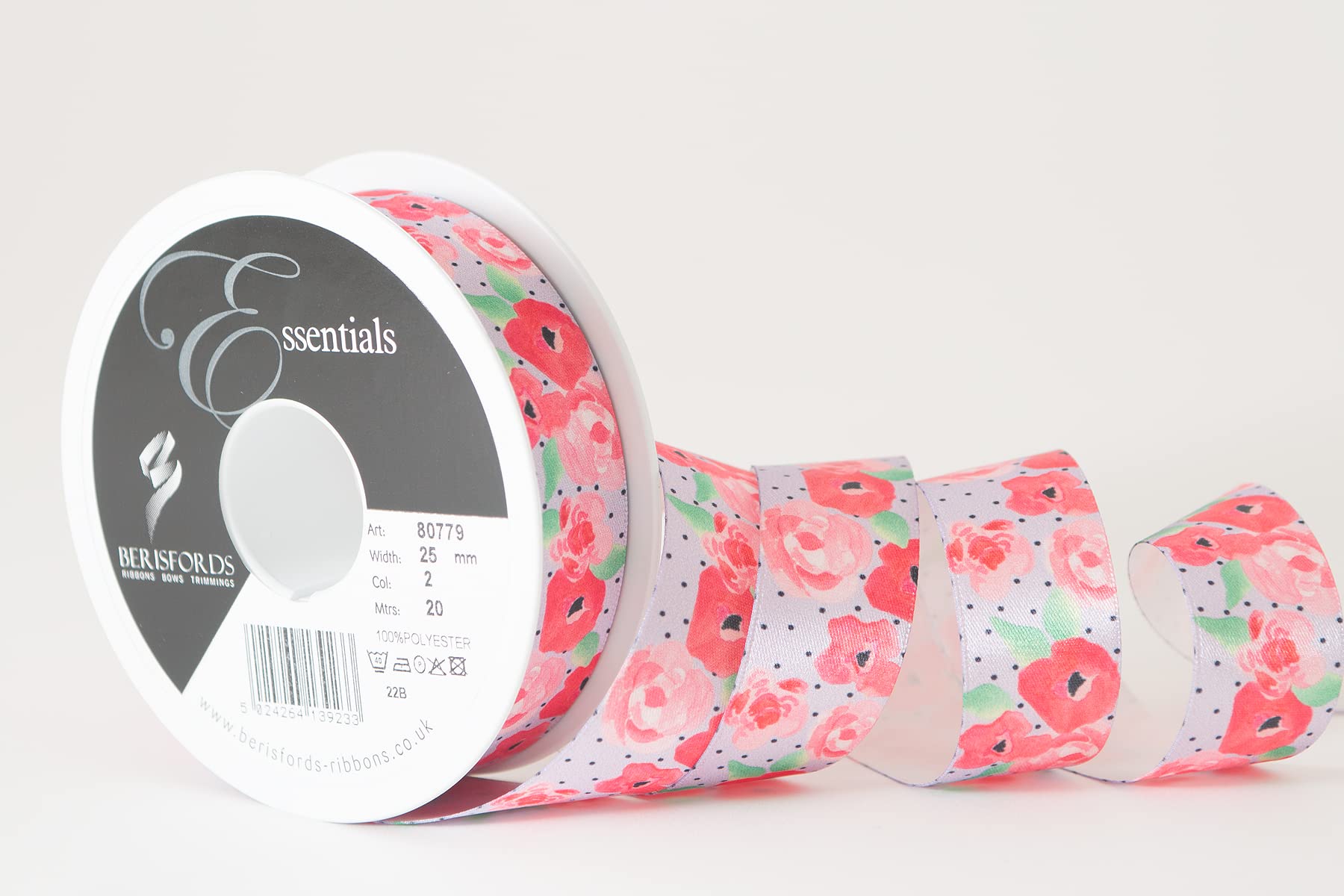 Berisfords Satin Patterned Ribbon ‘Fleur’ Multicolour on Lilac 25mm Wide 20m Reel, Lilac/Multi, 25mm x 20m
