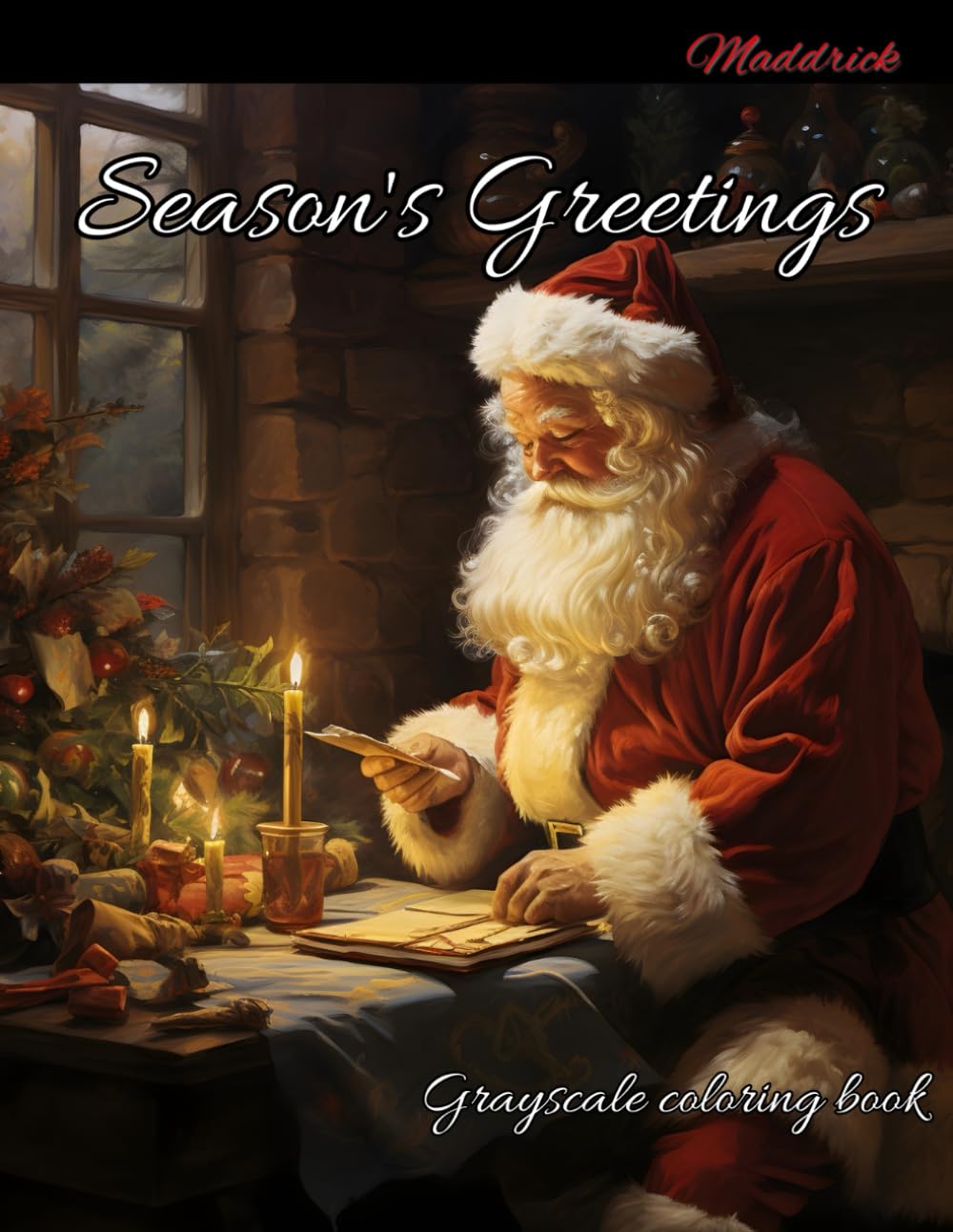 Season's greetings: Grayscale coloring book for Christmas holidays and winter season.