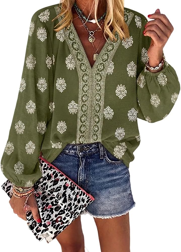 CHICME Women's Casual V Neck Blouse Floral Boho Summer Tops Lantern Sleeve Loose Fit Tunics Flowy Vacation Clothes