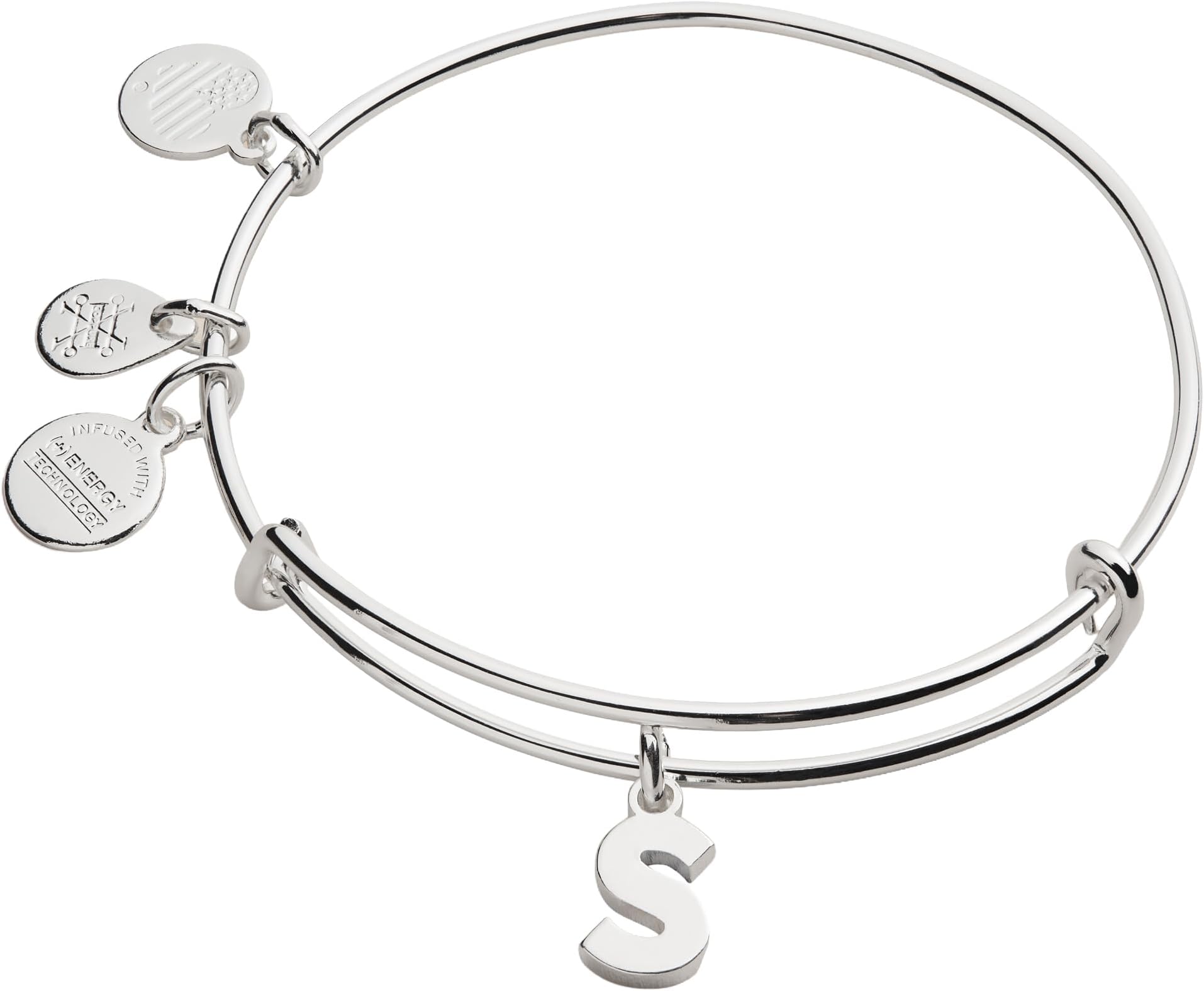 Expandable Bangle for Women, Initials A to Z Letter Charms, Shiny Finish, 2 to 3.5 in